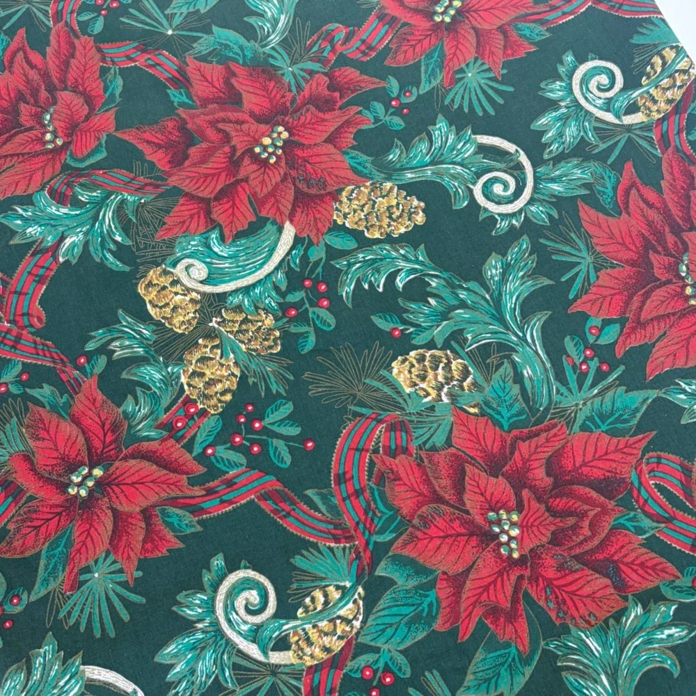 Vintage Christmas Poinsettia Plaid Ribbon Green Tablecloth 60x84 Rectangular